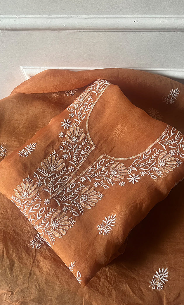 Women's Lakhnavi Handcrafted Pure Organza Chikankari Unstitched Kurta And Dupatta Set- HONC0319189