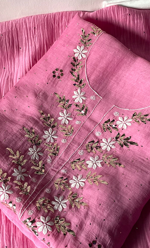 Women's Lakhnavi Handcrafted Unstitched Mul Chanderi Kurta And Dupatta Set - HONC0323630