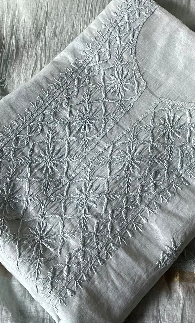 Women's Lakhnavi Handcrafted Mul Chanderi Unstitched Chikankari Full Suit Material - HONC0319538