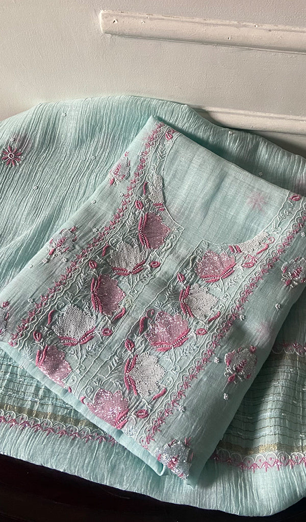 Turquoise Mul Chanderi Chikankari 2 Pc Unstitched Suit Set