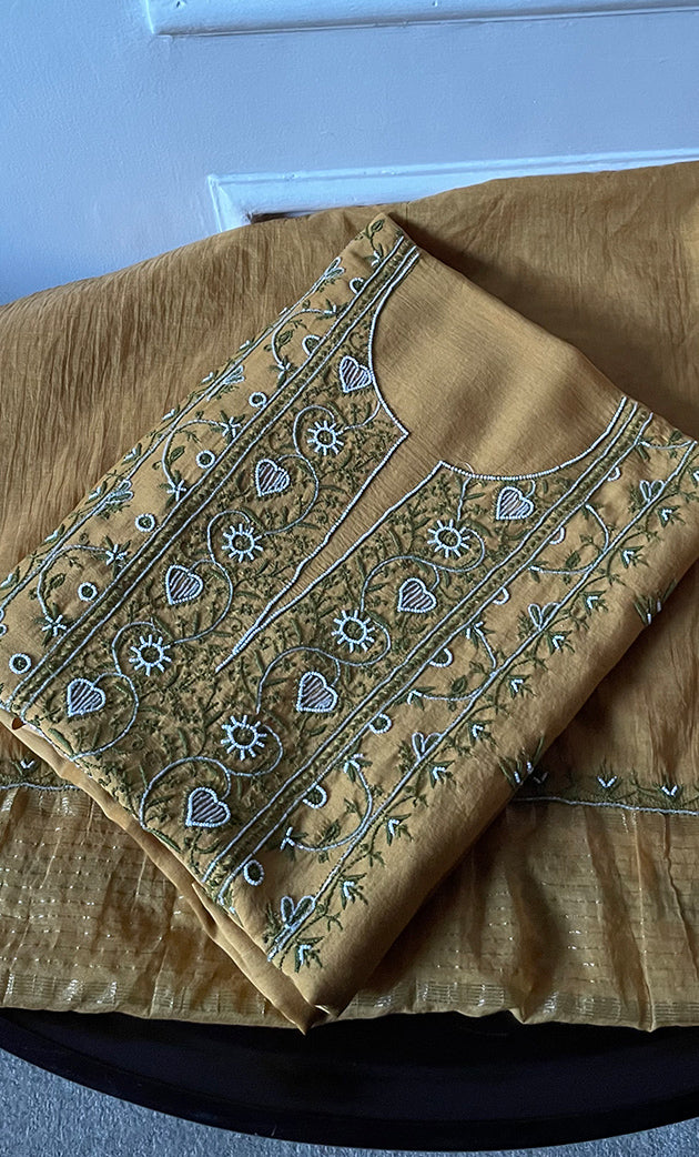 Women's Lakhnavi Handcrafted Mul Chanderi Chikankari Full Suit Material - HONC0307414