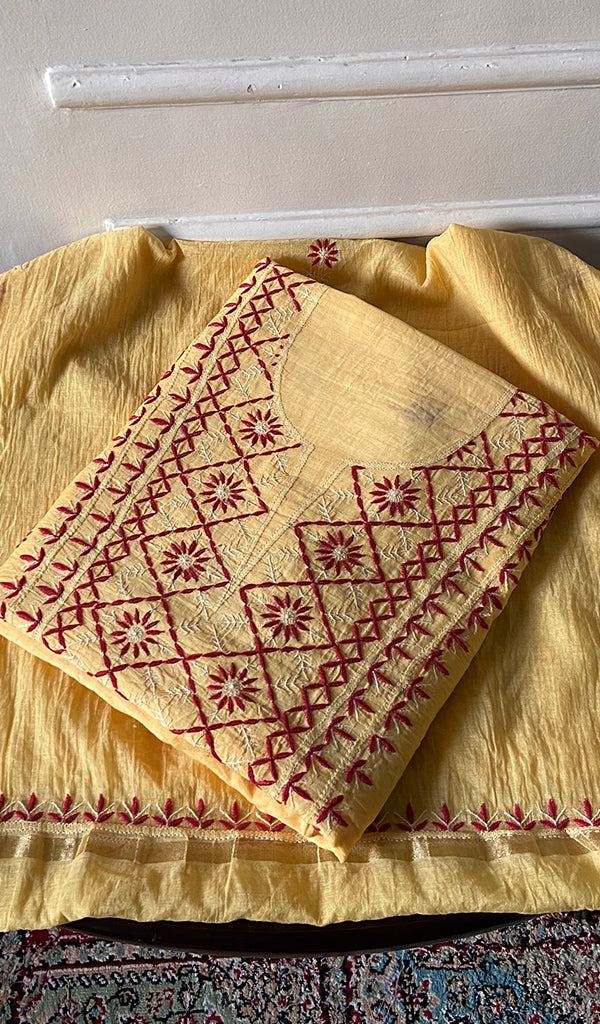 Women's Lakhnavi Handcrafted Chanderi Silk Unstitched Chikankari Full Suit - HONC0369251