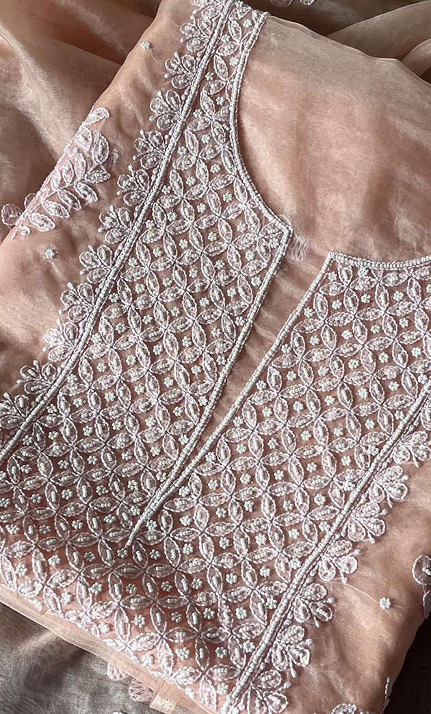 Women's Lakhnavi Handcrafted Organza Chikankari Unstitched Full Suit Material - HONC0277566