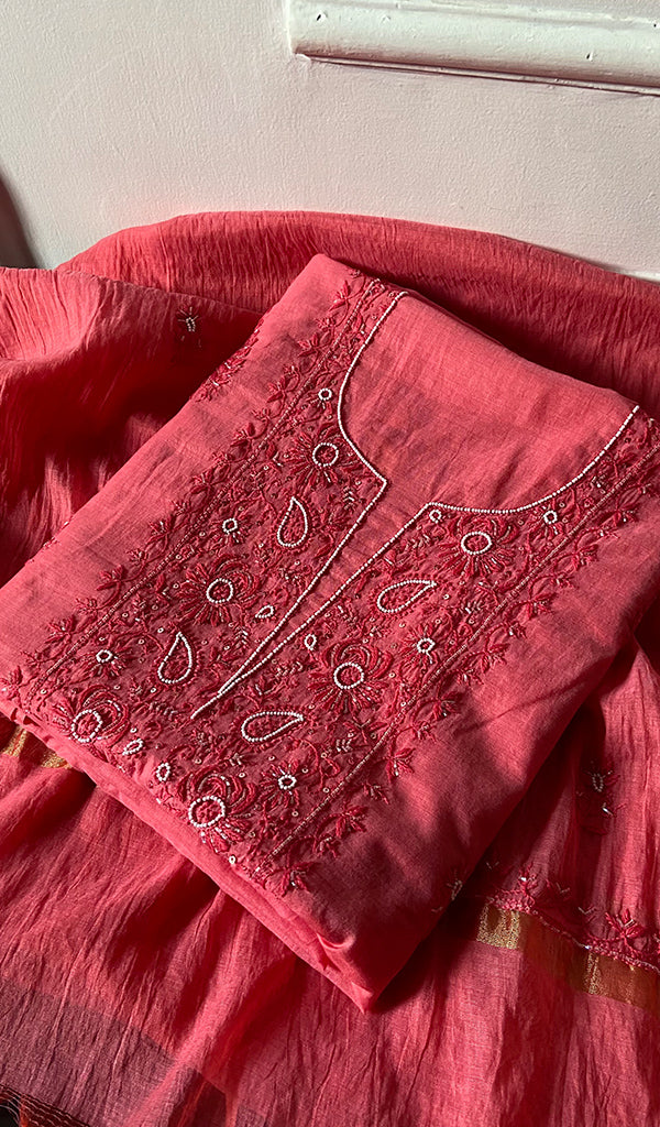 Women's Lakhnavi Handcrafted Mul Chanderi Unstitched Chikankari Full Suit Material - HONC0300851