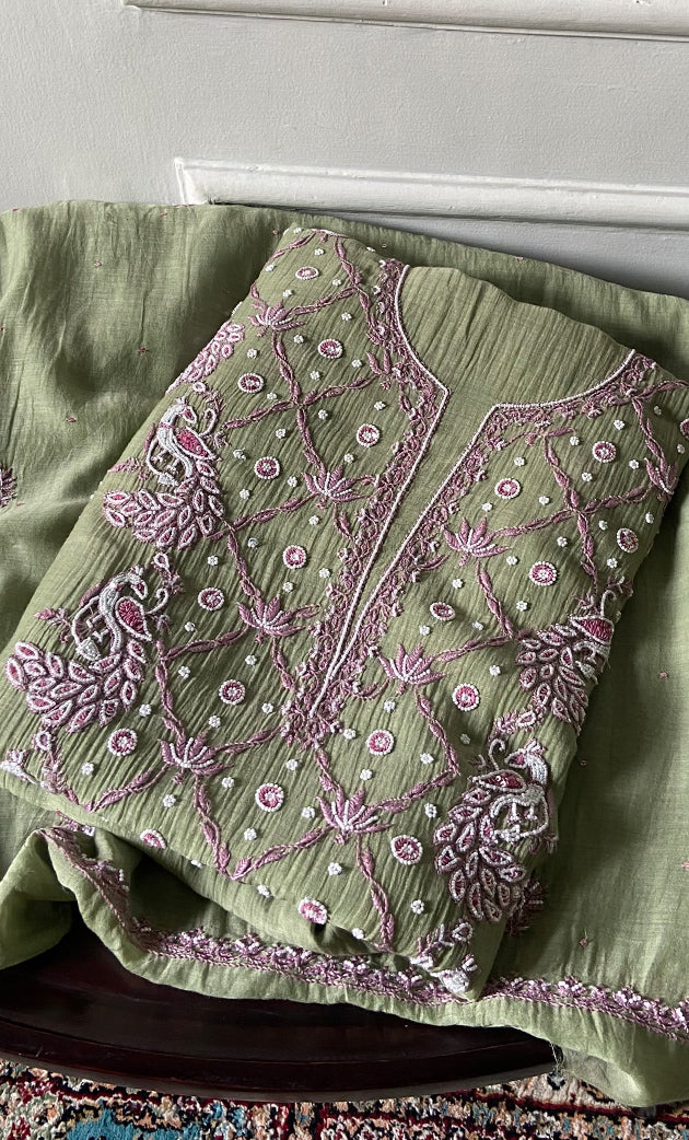 Shirin Women's Lakhnavi Handcrafted Mul Chanderi Unstitched Chikankari Full Suit Material - HONC0339572