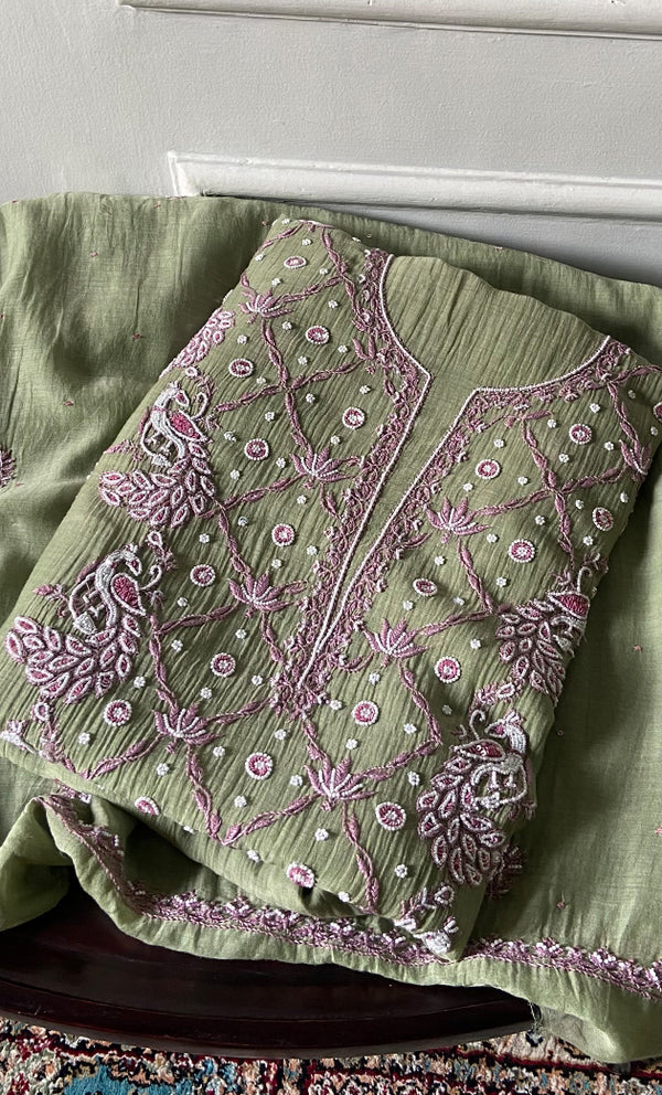 Women's Lakhnavi Handcrafted Mul Chanderi Unstitched Chikankari Full Suit Material - HONC0339572