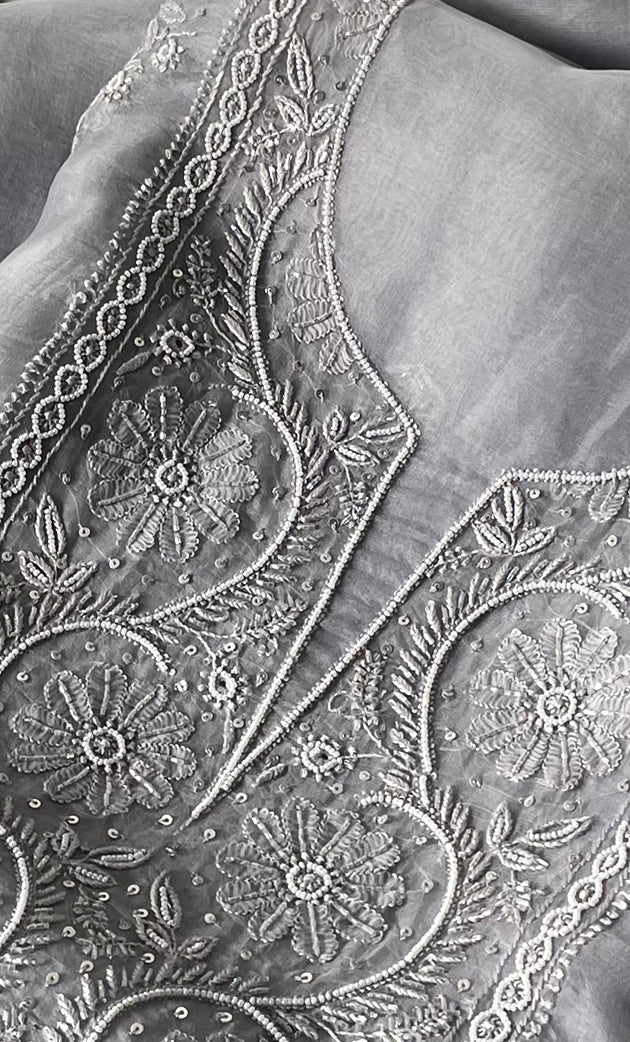 Women's Lakhnavi Handcrafted Pure Organza Chikankari Unstitched Kurta And Dupatta Set- HONC0314169