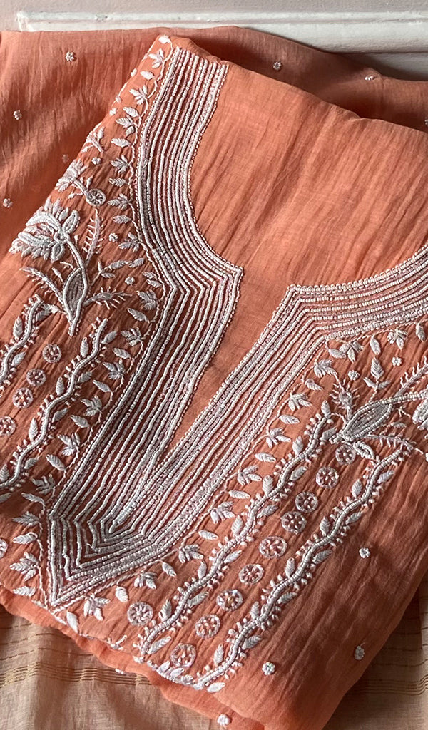 Orange Mul Chanderi Chikankari 2 Pc Unstitched Suit Set