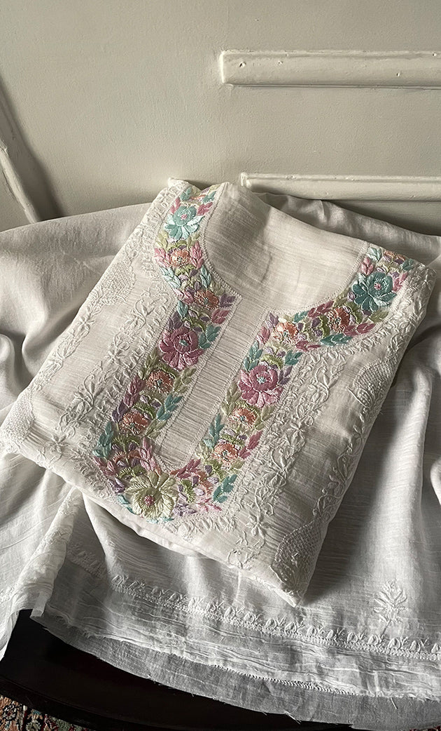 Women's Lakhnavi Handcrafted Unstitched Cotton Chikankari Kurta Dupatta Set - HONC0326100