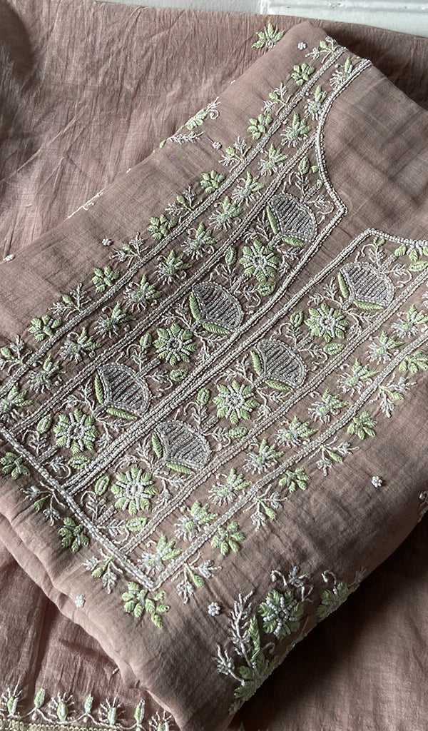 Women's Lakhnavi Handcrafted Mul Chanderi Unstitched Chikankari Full Suit Material - HONC0371975