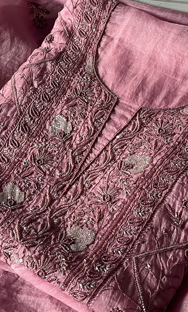 Women's Lakhnavi Handcrafted Pure Organza Chikankari Unstitched Kurta And Dupatta Set- HONC0274532