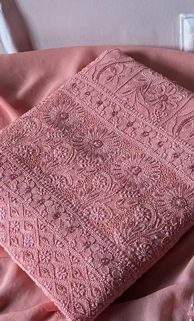 Women's Lakhnavi Handcrafted Viscose Georgette Chikankari Full Suit Material - HONC0277011