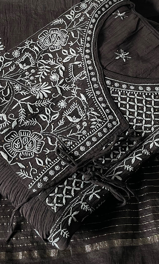 Women's Lakhnavi Handcrafted Mul Chanderi Semi-Stitched Angrakha And Dupatta Set - HONC0281965