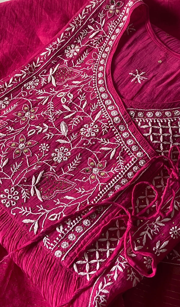 Women's Lakhnavi Handcrafted Mul Chanderi Semi - Stitched Angrakha And Dupatta Set - HONC0326284