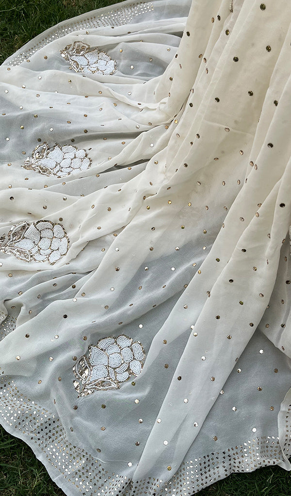 Women's Lakhnavi Handcrafted Pure Silk Georgette Chikankari Saree - HONC0278767