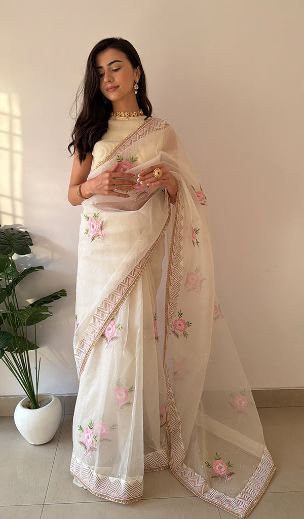Zunaira Women's Lucknowi Handcrafted Pure Organza Silk Chikankari Saree - HONC0379177