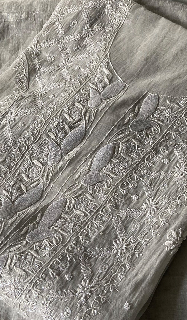 Women's Lakhnavi Handcrafted Tissue Chanderi Unstitched Chikankari Kurta And Dupatta Set - HONC0323645