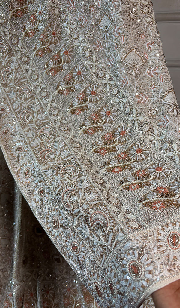 Women's Lakhnavi Handcrafted Bridal Pure Silk Georgette Chikankari Lehenga Set - HONC0263727