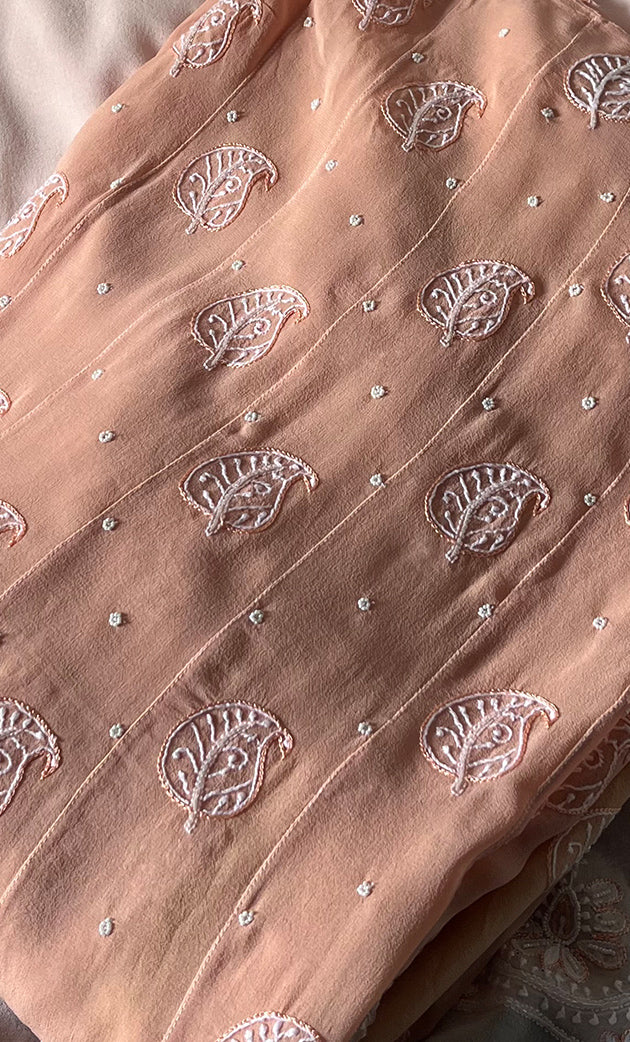 Women's Lakhnavi Handcrafted Pure Silk Georgette Unstitched Chikankari Anarkali And Dupatta Set- HONC0258457