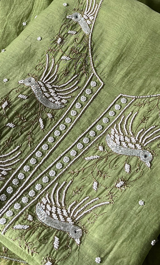 Chidiya Women's Lakhnavi Handcrafted Mul Chanderi Unstitched Kurta And Dupatta Set- HONC0330295