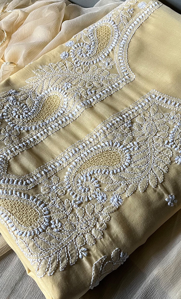 Women's Lakhnavi Handcrafted Unstitched Cotton Chikankari Suit Material - HONC0310526