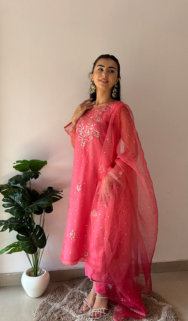Women's Lucknowi Handcrafted Pure Organza Silk Stitched Chikankari Kurta, Dupatta With Pant Set- HONC0362245