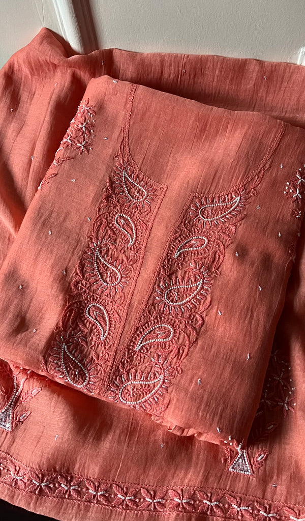 Women's Lakhnavi Handcrafted Mul Chanderi Unstitched Kurta And Dupatta Set - HONC0253625