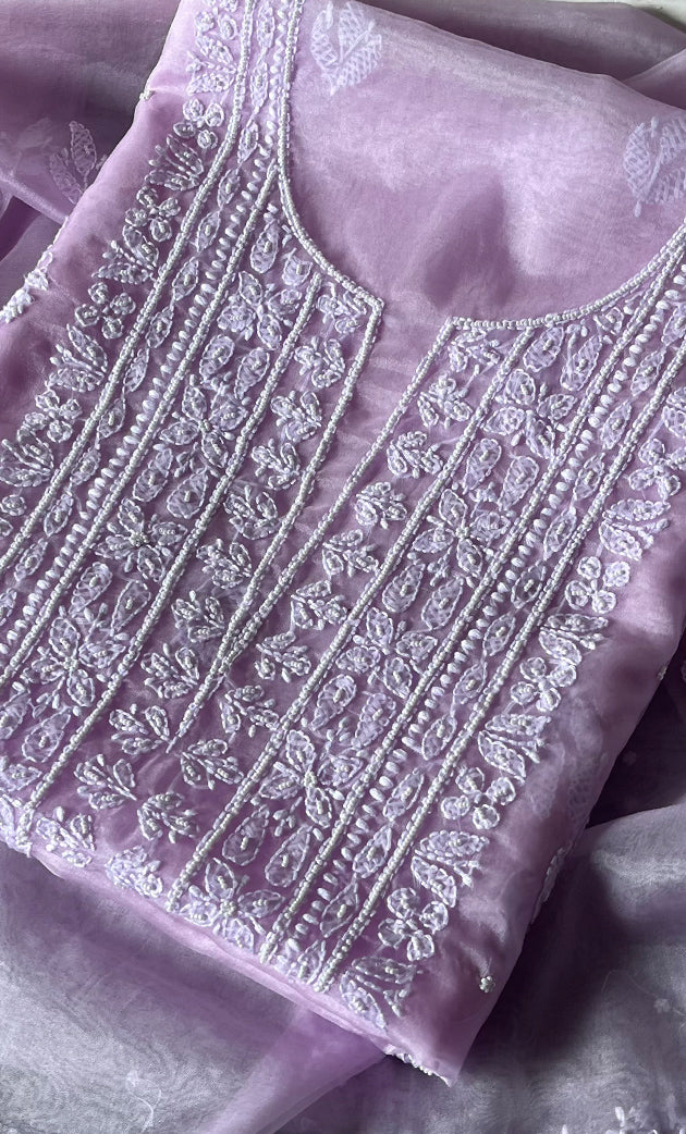Women's Lakhnavi Handcrafted Organza Chikankari Unstitched Full Suit Material - HONC0287041