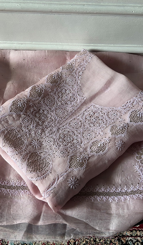 Women's Lakhnavi Handcrafted Pure Organza Chikankari Unstitched Kurta And Dupatta Set- HONC0341958