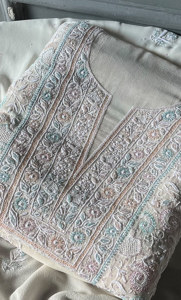 Women's Lakhnavi Handcrafted Pure Silk Georgette Chikankari Kurta And Dupatta Set- HONC0241825