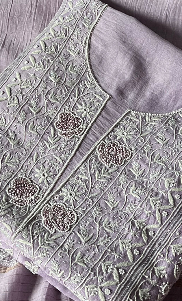 Baseema Women's Lucknowi Handcrafted Chanderi Silk Chikankari Full Suit Material - HONC0268499