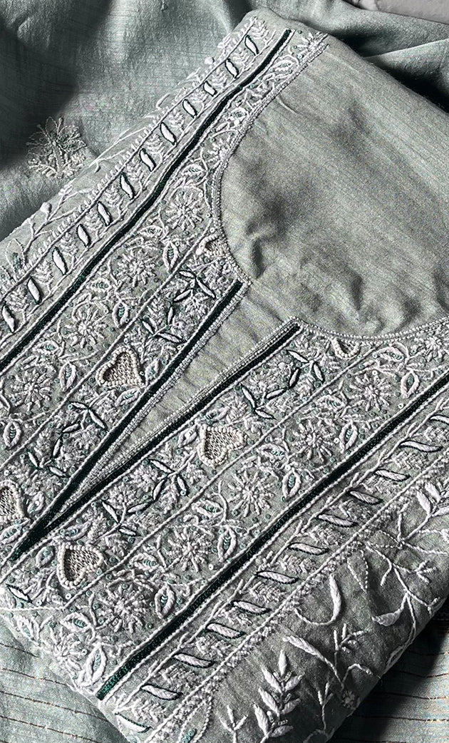 Women's Lakhnavi Handcrafted Munga Silk Unstitched Chikankari Kurta And Dupatta Set- HONC0199320