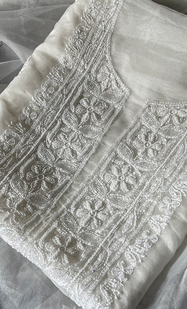 Women's Lakhnavi Handcrafted Organza Chikankari Unstitched Kurta And Dupatta Set - HONC0249870