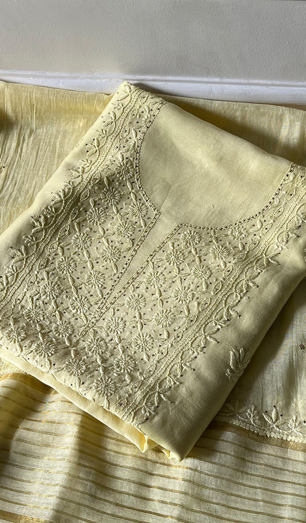 Women's Lakhnavi Handcrafted Mul Chanderi Chikankari Full Suit Material - HONC0282296