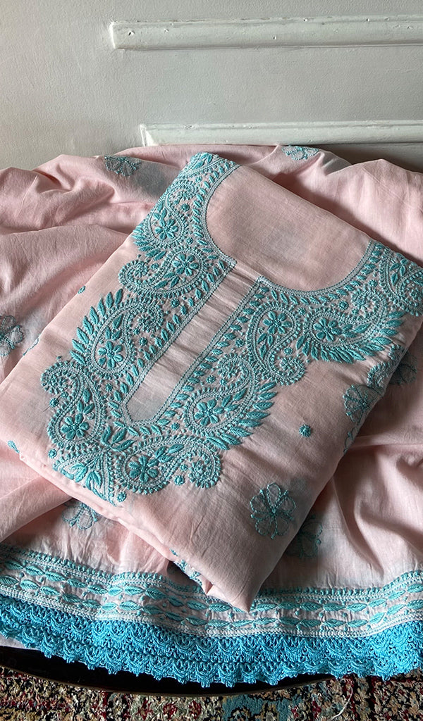 Women's Lakhnavi Handcrafted Cotton Unstitched Chikankari Kurta Dupatta Set - HONC0358179