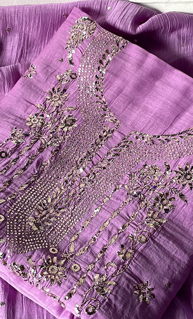 Women's Lakhnavi Handcrafted Mul Chanderi Unstitched Chikankari Full Suit Material - HONC0323631