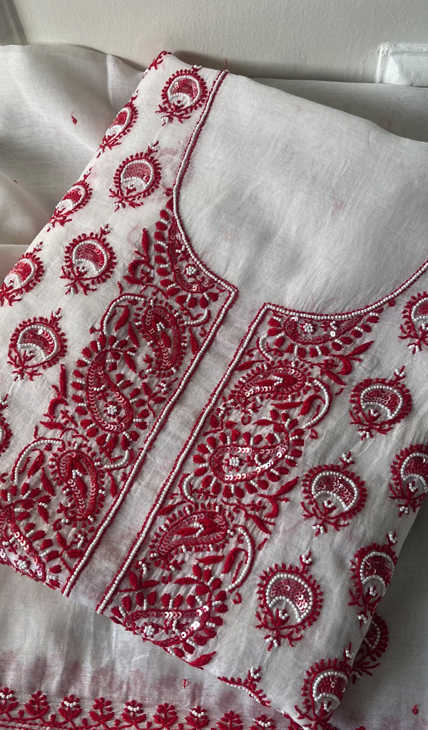 Women's Lakhnavi Handcrafted Mul Chanderi Unstitched Kurta And Dupatta Set - HONC0284791