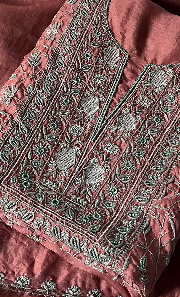 Women's Lakhnavi Handcrafted Pure Organza Chikankari Unstitched Kurta And Dupatta Set- HONC0327849