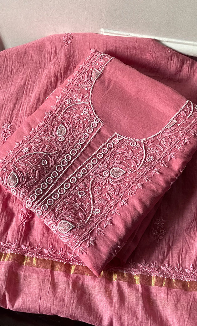 Women's Lakhnavi Handcrafted Mul Chanderi Unstitched Chikankari Full Suit Material - HONC0295753