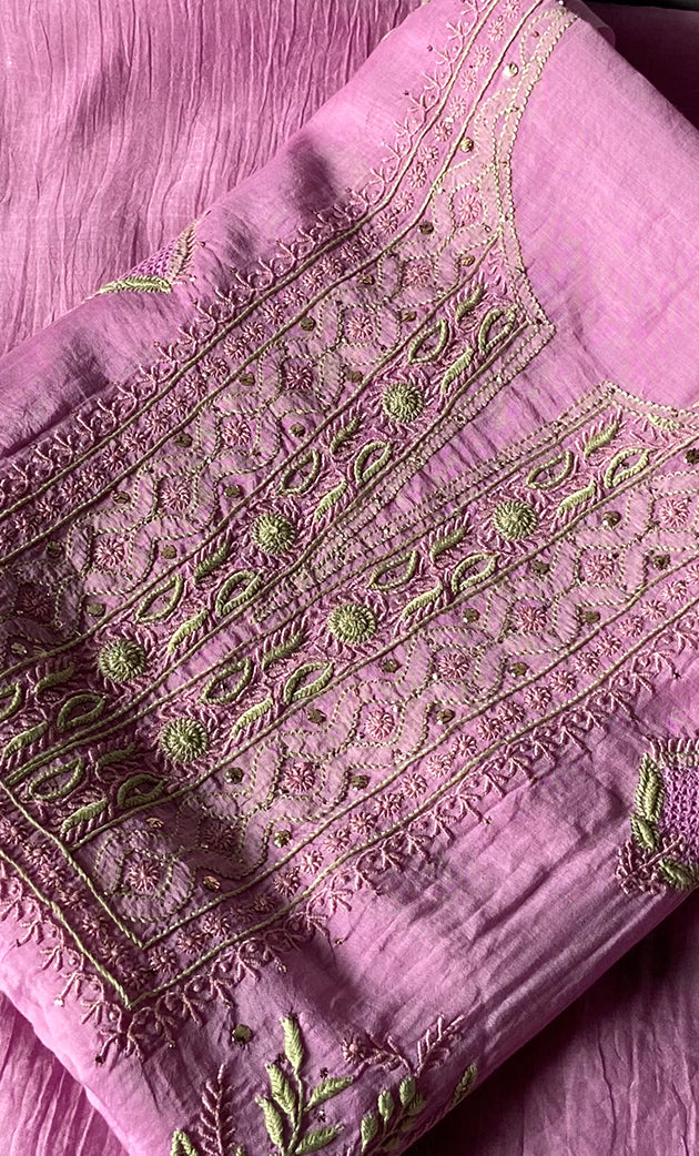 Women's Lakhnavi Handcrafted Mul Chanderi Unstitched Chikankari Full Suit Material - HONC0268520