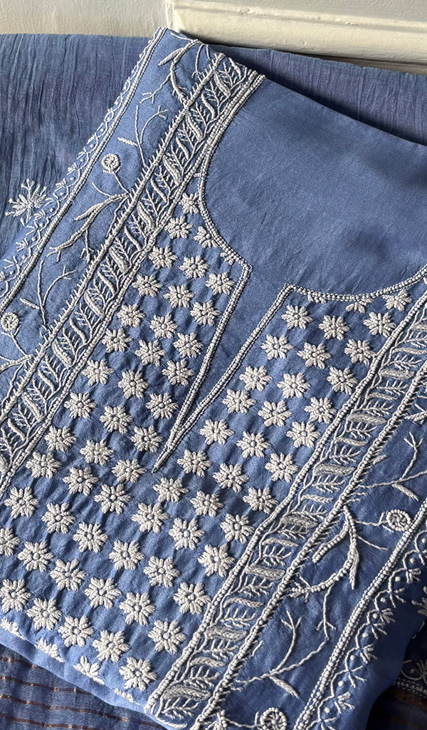 Women's Lucknowi Handcrafted Chanderi Silk Unstitched  Chikankari Full Suit Material - HONC0334684