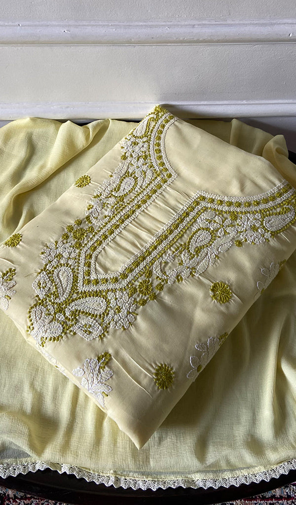 Women's Lakhnavi Handcrafted Unstitched Cotton Chikankari Suit Material - HONC0351040