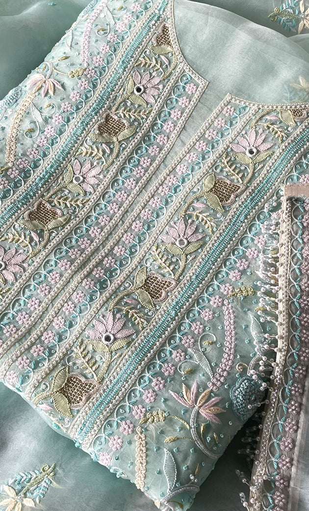 Women's Lakhnavi Handcrafted Pure Organza Chikankari Unstitched Kurta And Dupatta Set- HONC0321452