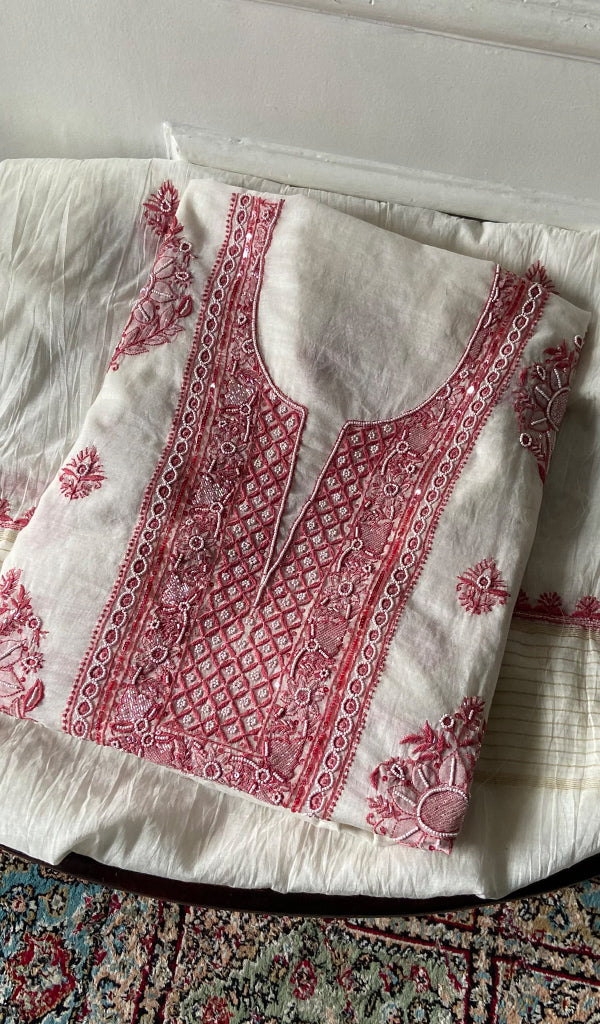 Women's Lakhnavi Handcrafted Mul Chanderi Unstitched Kurta And Dupatta Set - HONC0369369