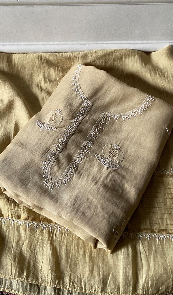 Women's Lakhnavi Handcrafted Chanderi Silk Unstitched Chikankari Full Suit - HONC0345265