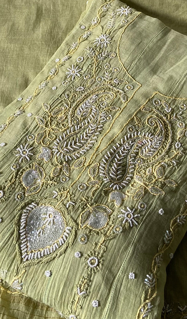 Women's Lakhnavi Handcrafted Mul Chanderi Semi - stitched Chikankari Full Suit Material - HONC0371980