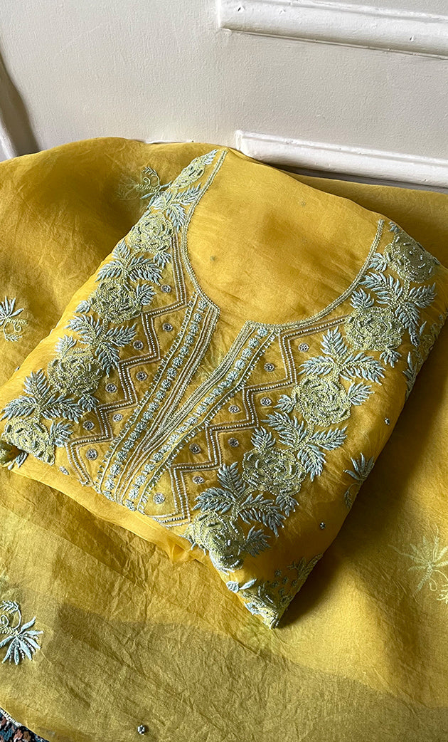 Women's Lakhnavi Handcrafted Pure Organza Chikankari Unstitched Kurta And Dupatta Set- HONC0318668