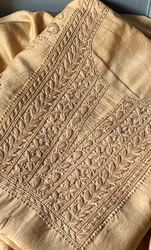 Baseema Women's Lucknowi Handcrafted Chanderi Silk Chikankari Full Suit Material - HONC0290029