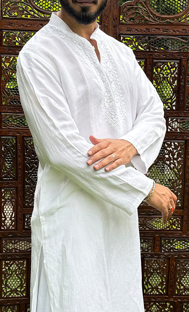 Men's Lucknowi Handcrafted Cotton Chikankari Kurta - HONC0253043