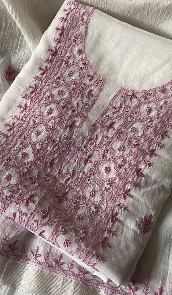 Women's Lakhnavi Handcrafted Mul Chanderi Unstitched Kurta And Dupatta Set - HONC0273055